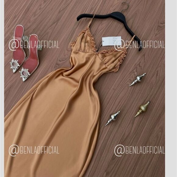 NWT ZARA CONTRASTING RUFFLES SATIN EFFECT DRESS gold/ champagne color - Picture 6 of 15